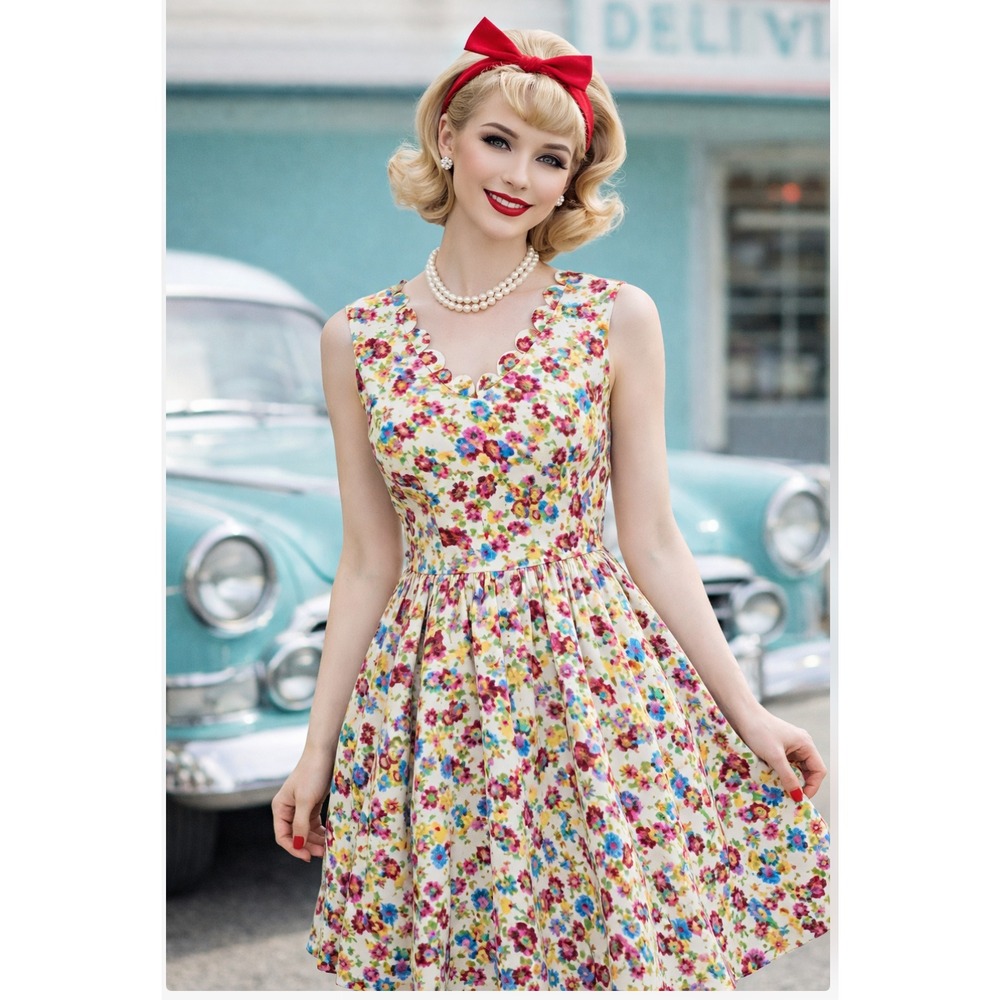 Lindy Bop Midi Dress XS-S 50s Floral Cottagecore Feminine Retro Rockabilly